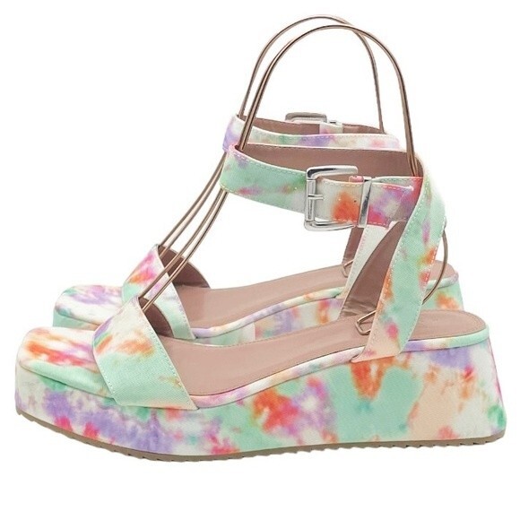 NWT ASOS Tatiana Flatform Ankle Wrap Sandals Bright Pastel Cloud Tie Dye Size 10 - Picture 5 of 16